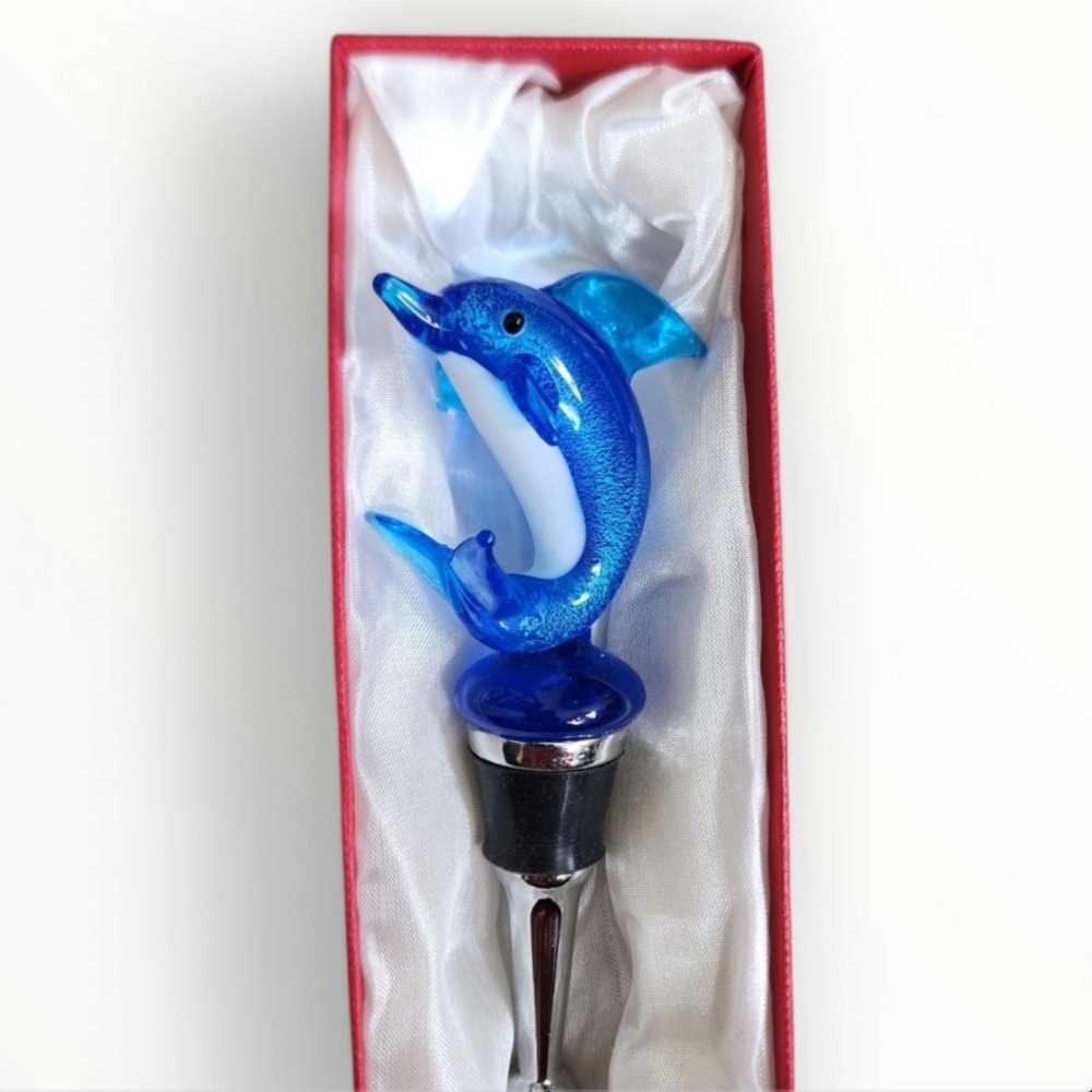 Blown Art Glass Blue Dolphin Wine Bottle Stopper - Picture 3 of 9